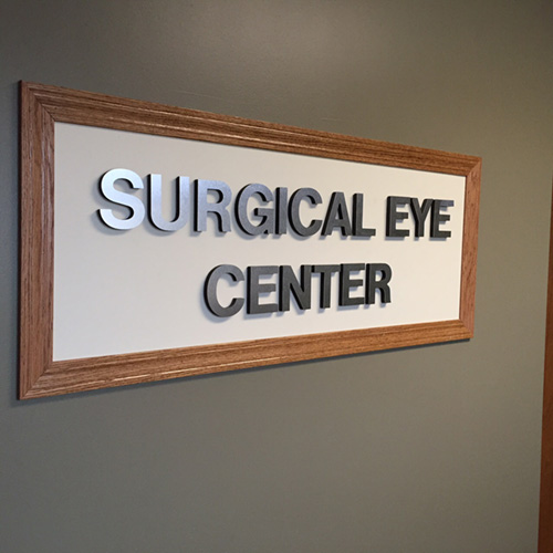 Surgical eye center framed picture.